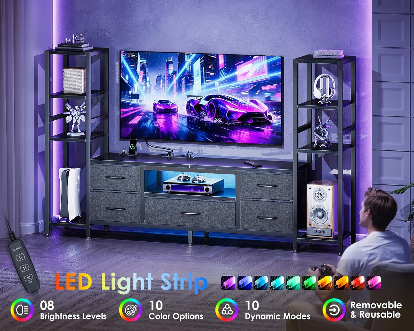 TV Stands for 43-50 Inch TV, Entertainment Center with LED Lights & Power Outlets for Tvs up to 55 Inch, TV Stand Living Room with 5 Fabric Drawers, TV Console Cabinet for Bedroom, Black