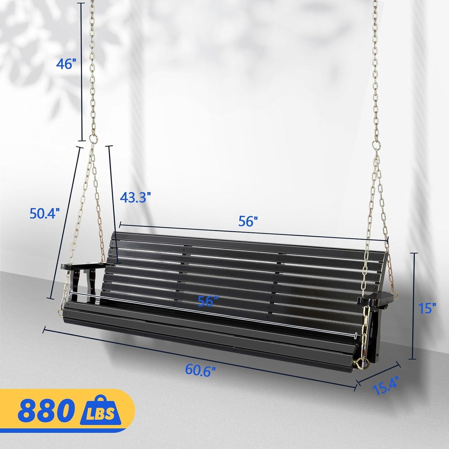 Upgraded Patio Wooden Porch Swing for Courtyard & Garden, Heavy Duty 880 LBS Swing Chair Bench with Hanging Chains for Outdoors (Black, 5 FT)