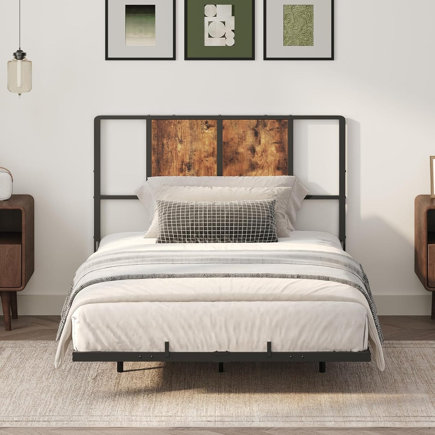 Twin Size Headboard Only, Metal Headboard with Adapters, Minimalist Industrial Style for Twin Size Beds, Rustic Brown and Black