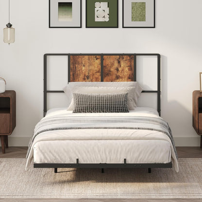 Twin Size Headboard Only, Metal Headboard with Adapters, Minimalist Industrial Style for Twin Size Beds, Rustic Brown and Black