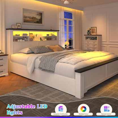 Queen Bed Frame with Headboard and Storage, 4 Drawers and LED Built in Charging Station Bed Frame Queen Size with Storage Farmhouse, NO Noise,No Box Spring Needed, White