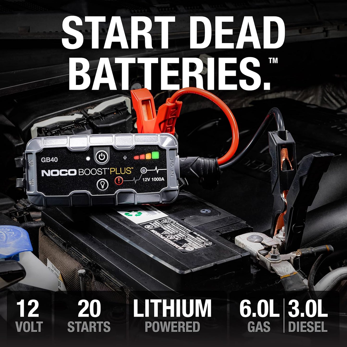 Boost GB40: 1000A Ultrasafe Jump Starter – 12V Lithium Battery Booster Pack, Portable Jump Box, Power Bank & Jumper Cables - for 6.0L Gas and 3.0L Diesel Engines