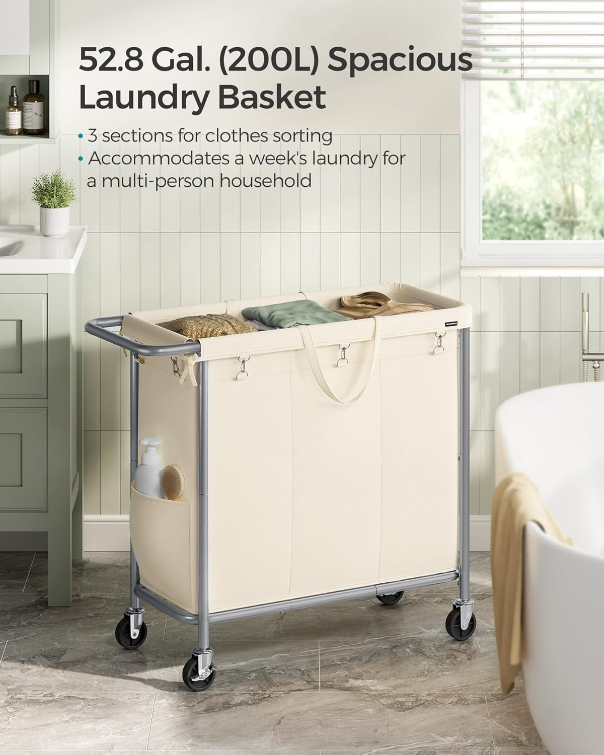 Laundry Basket with Wheels, 3-Section Rolling Laundry Hamper, 52.8 Gallons (200L), Removable Liner, Steel Frame with Handle, Blanket Storage, 35.8 X 15.4 X 31.9 Inches, Cream White URLS005W01