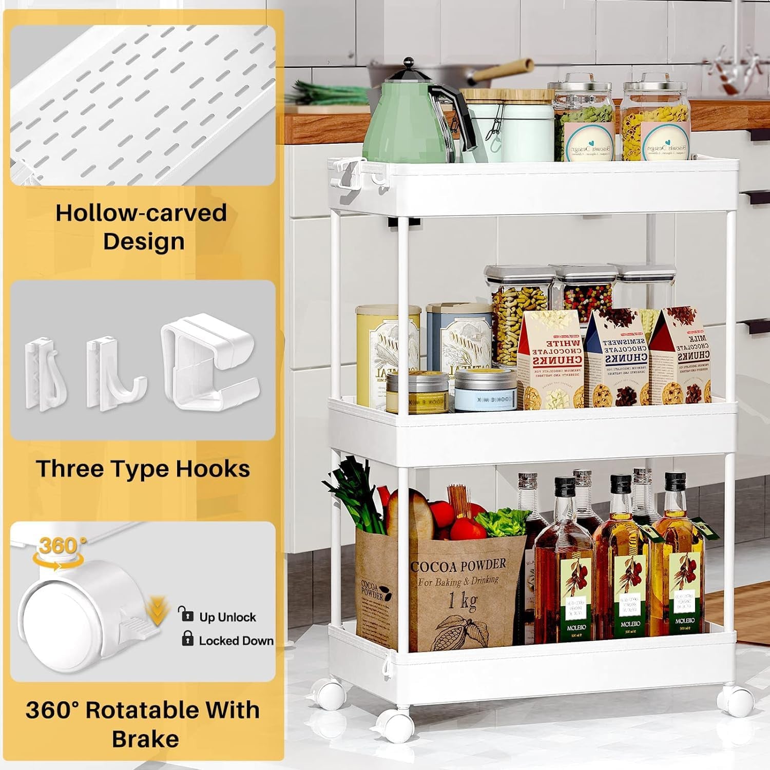 Storage Rolling Cart, 3 Tier Laundry Room Organization Utility Cart Bathroom Organizer Mobile Shelving Unit Shelves Multi-Functional Trolley, White
