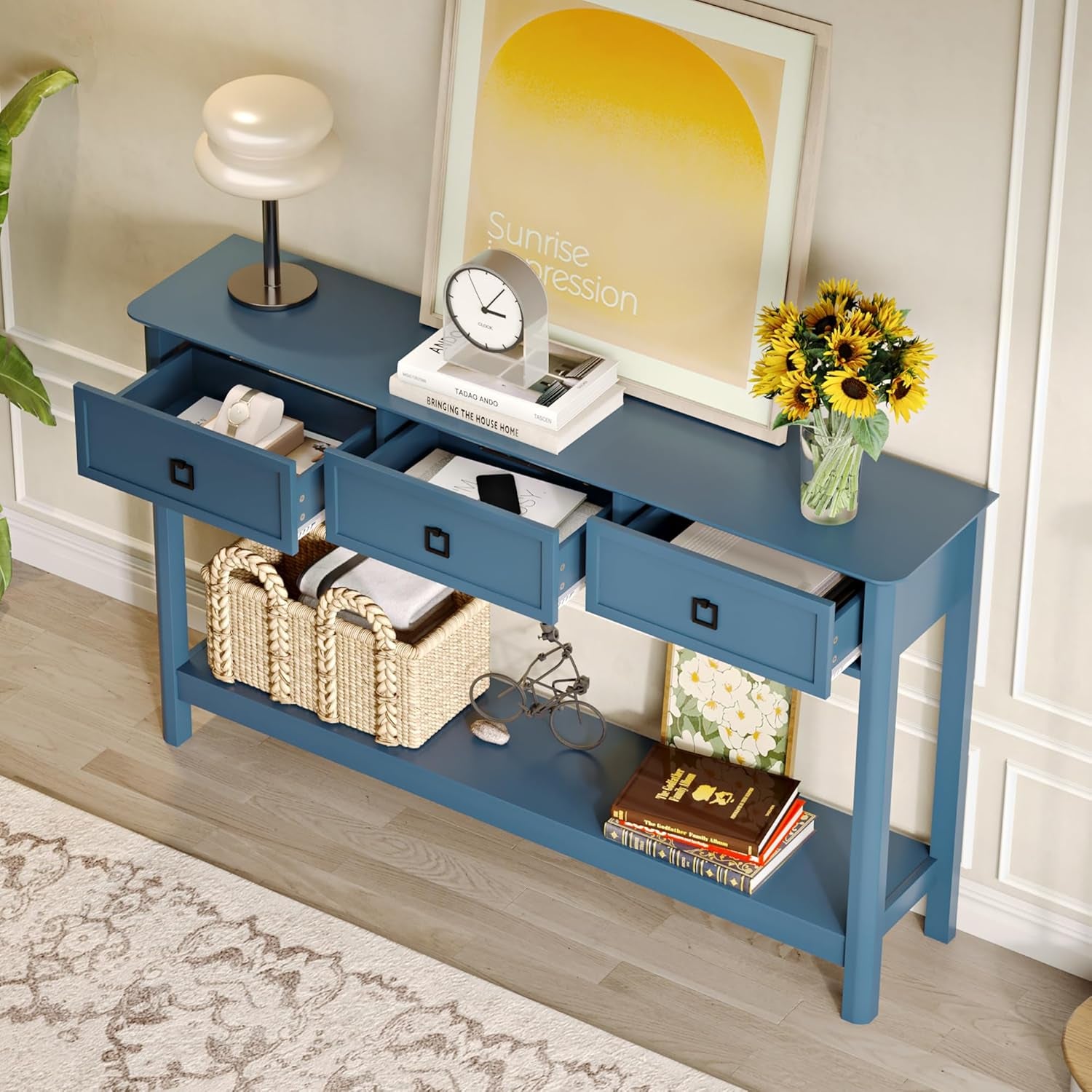 53.1" Console Table with 3 Drawers, Modern Entryway Table, 2-Tier Narrow Long Sofa Table behind Couch Table for Living Room, Hallway, Black