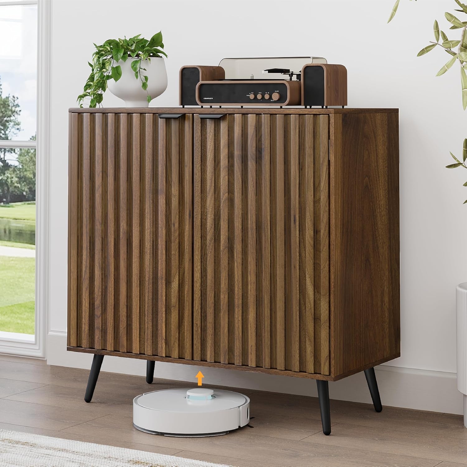 Fluted Sideboard Cabinet, Freestanding Walnut Buffet Cabinet with Adjustable Shelf, Wood Storage Cabinet for Living Room, Entryway, Hallway