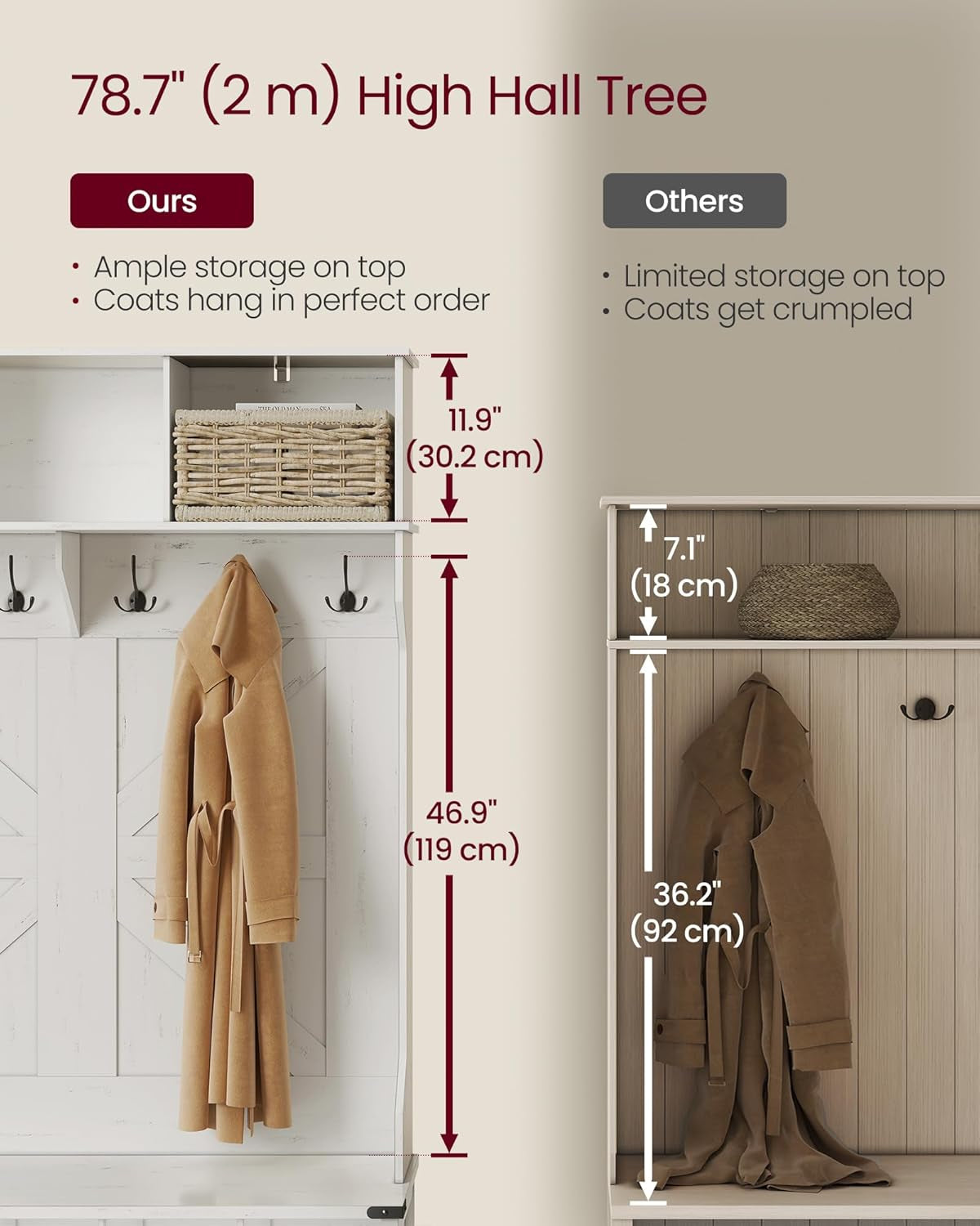 Hall Tree with Bench and Shoe Storage, Coat Rack with Shoe Bench, Entryway Furniture, 16 Open Compartments, 6 Tri-Hooks, Farmhouse Style, Space Saving, Rustic White UHSR427W02