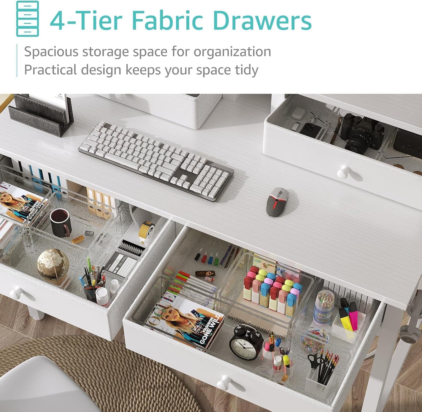 Small White Kids Desk with Fabric Drawers for Bedroom, 32 Inch Vanity Makeup Desk with Drawers Storage for Home Office, Writing Study Table with Power Outlet & Monitor Stand, White