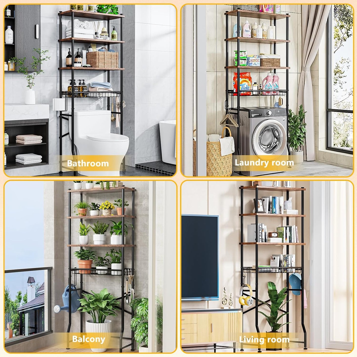 Over-The-Toilet Storage Shelf,4-Tier Bathroom Organizer Cabinet Rack and Storage over Toilet with Shelf Waterproof Feet Pad and Basket,Multifunctional Space Saver Freestanding Bathroom Shelves（Brown）