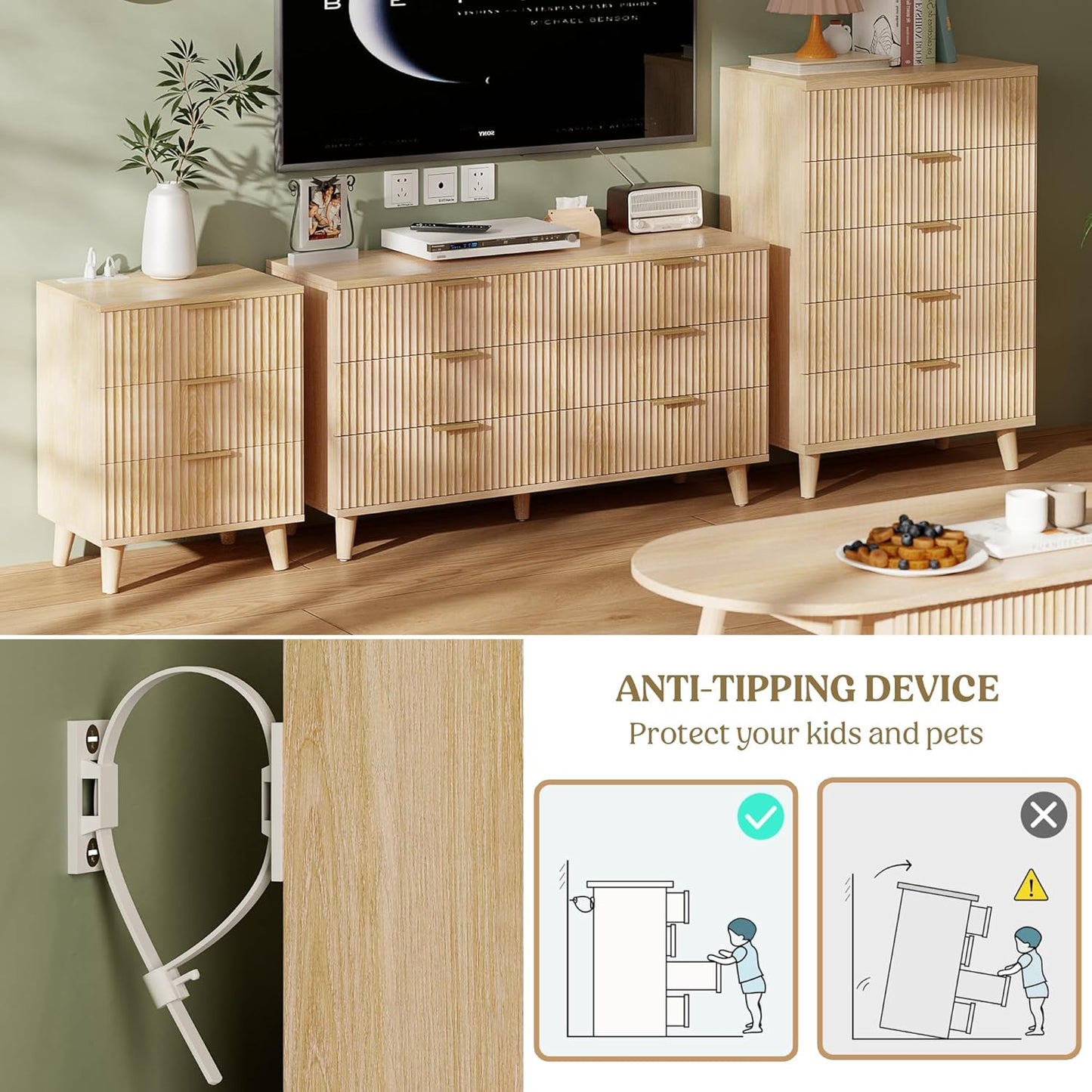 Wood 3 Drawers Dresser Fluted Night Stand with Charging Station, Storage Nightstand Modern Side Table, Bedside Table for Bedroom, Entryway Natural