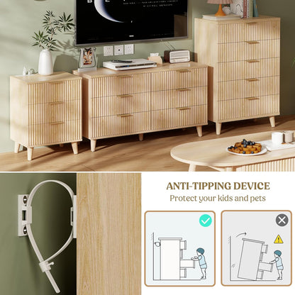 Wood 3 Drawers Dresser Fluted Night Stand with Charging Station, Storage Nightstand Modern Side Table, Bedside Table for Bedroom, Entryway Natural