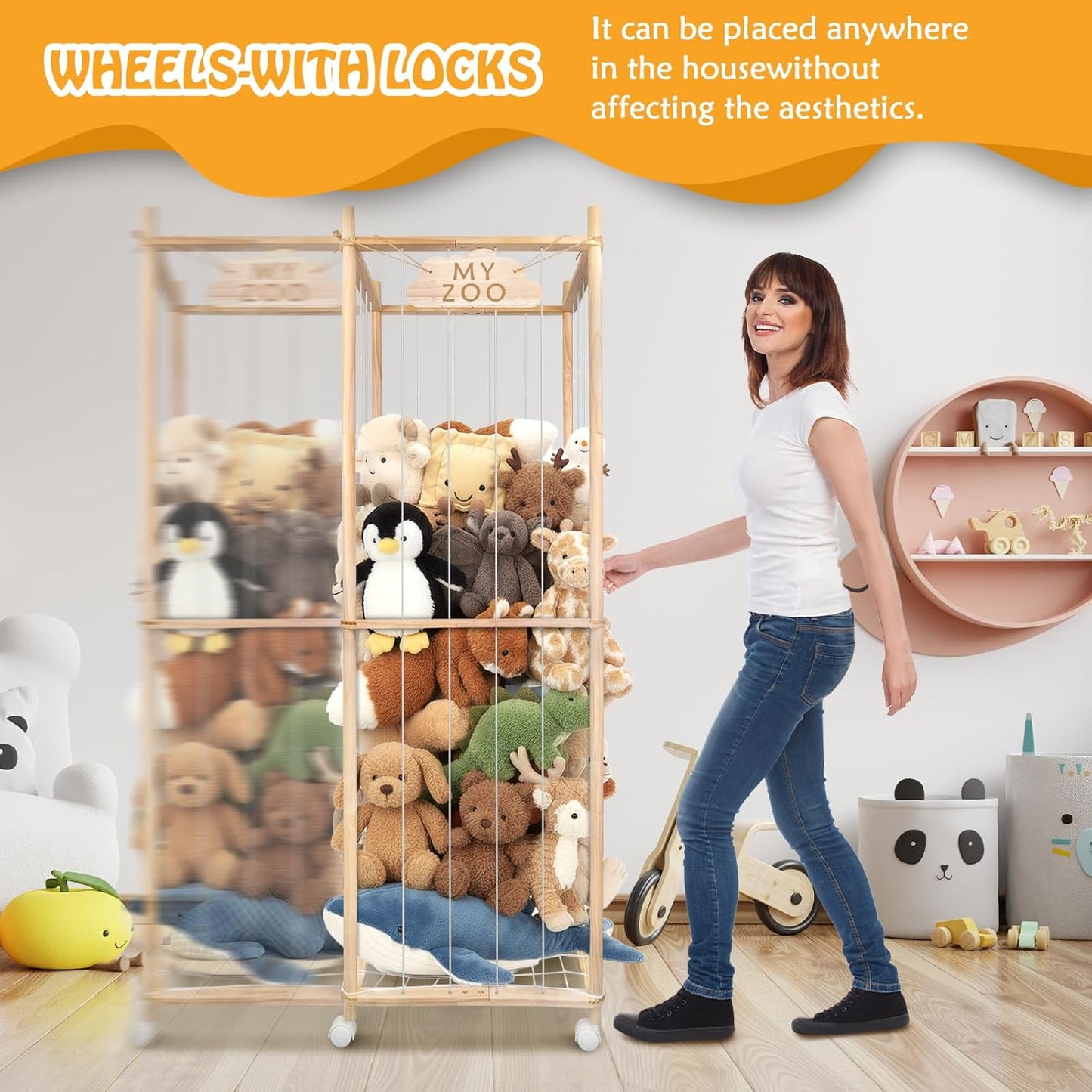 Stuffed Animal Storage Zoo with Wheels, 63'' Tall Large Wooden Plushies Storage Stuffed Animals Holder, Plush Toy Organizer Stuff Animal Zoo with Elastic Band and Net for Toddlers Playroom, Bedroom