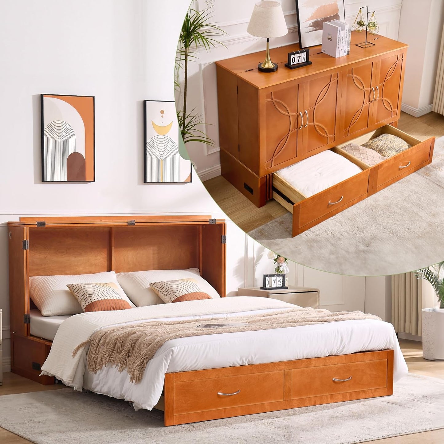 Queen Murphy Bed with Mattress Included, Murphy Bed Cabinet with Drawers and Charging Station for Small Spaces, Home Offices (Circular Pattern, Cherry)