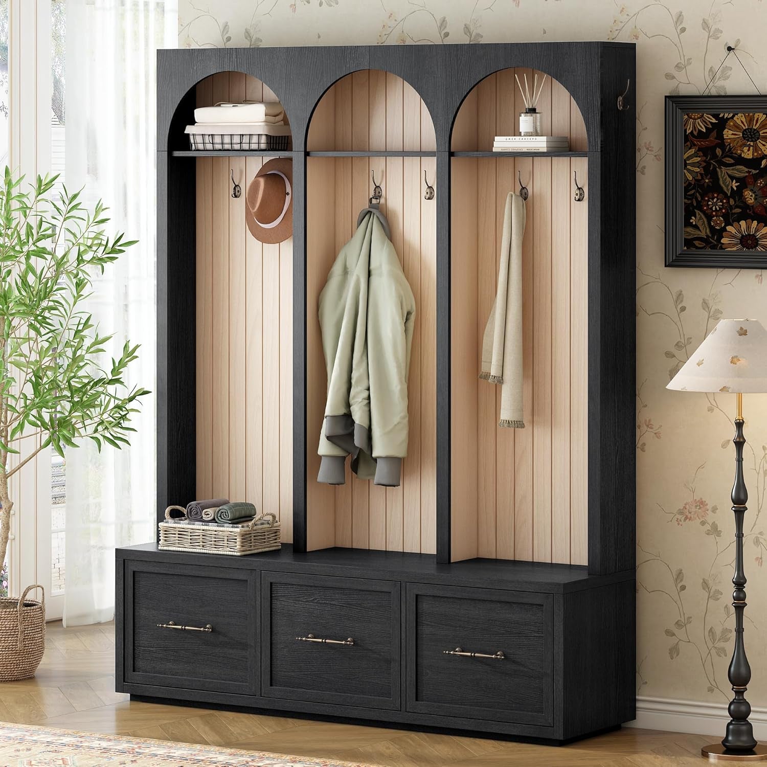 59" Wide Rustic Coat Rack & Shoe Organizer, Farmhouse Hall Tree with Arched Design,Entryway Bench with 3 Drawers, 8 Retro Hooks for Mudroom, Living Room, Black, 74.8" H