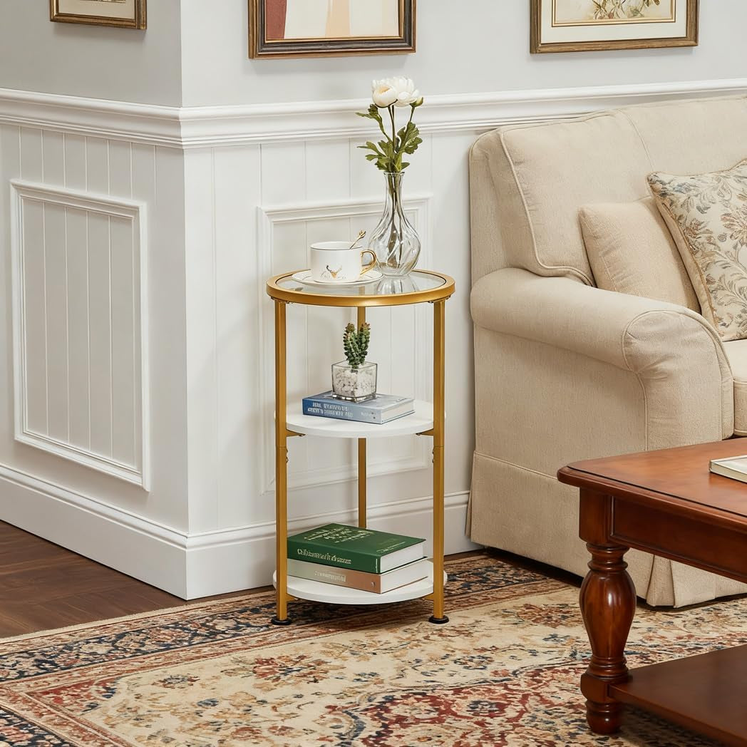 Glass Side Table, Tempered Glass Small round Side Table with 3-Tier Storage Shelves for Small Spaces, Modern Glass round End Table for Living Room, Bedside Nightstand for Bedroom (White+Gold)
