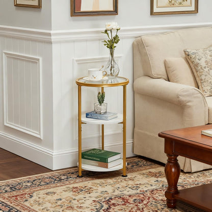 Glass Side Table, Tempered Glass Small round Side Table with 3-Tier Storage Shelves for Small Spaces, Modern Glass round End Table for Living Room, Bedside Nightstand for Bedroom (White+Gold)