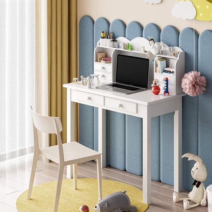 Small White Writing Desk with Hutch and USB Ports, 31.5 Inch Home Office Desk with Drawers, Study Table for Kids/Student, Makeup Dressing Table save Space Gifts