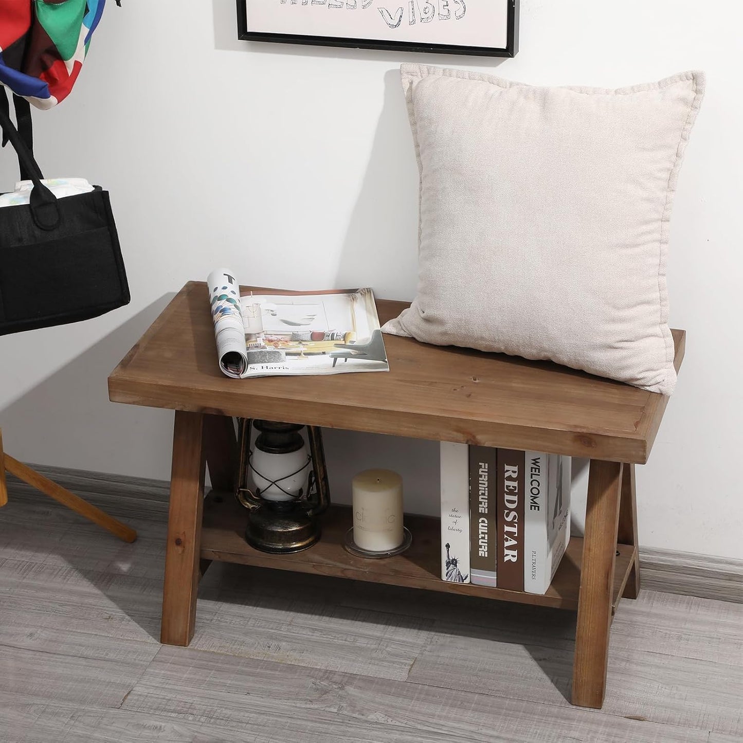 Solid Wood Bench, 30" Farmhouse Entryway Bench for Living Dining Room, Rustic Storage Bench Seat for Indoors, Natural