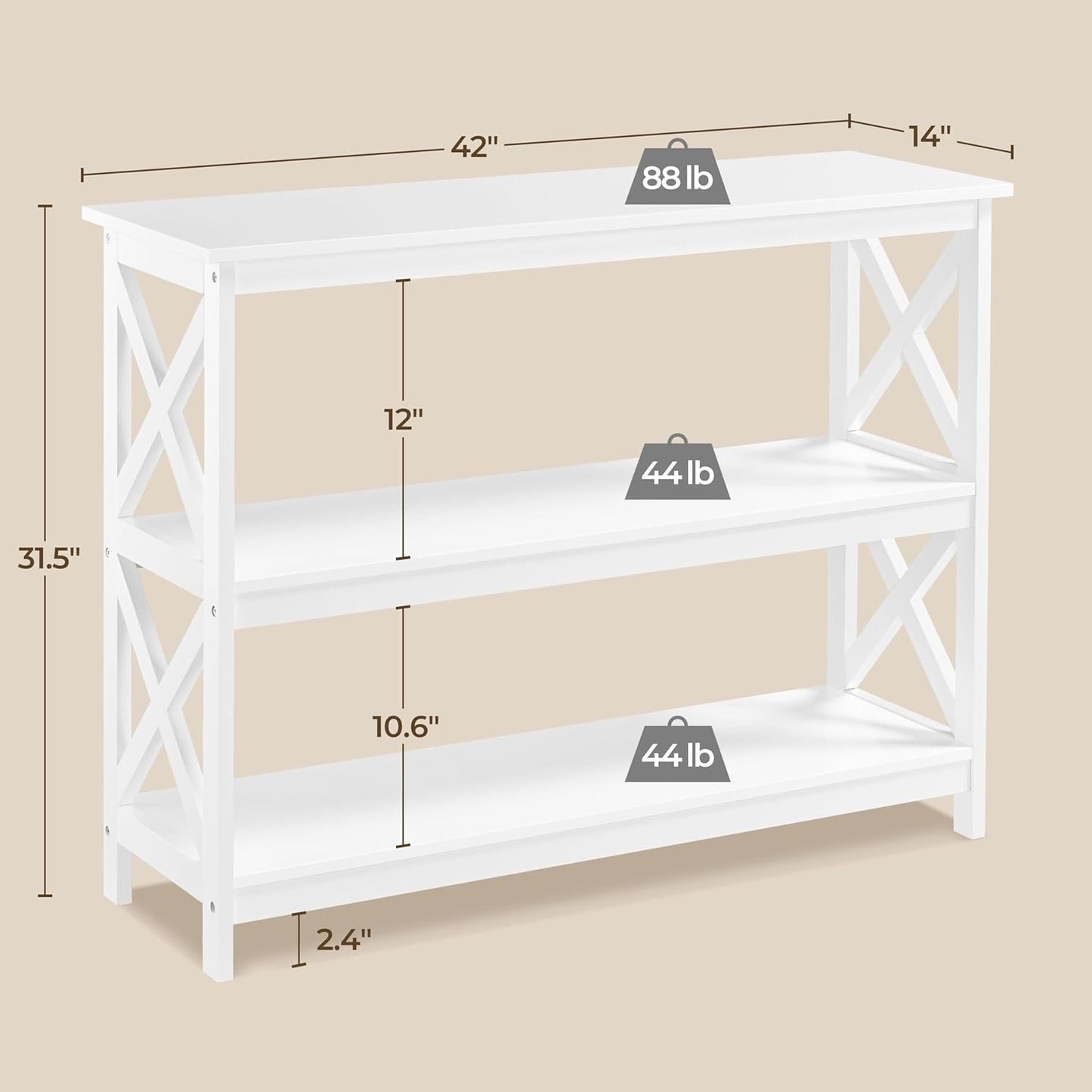 Console Table with 3 Storage Shelves, Entryway Table Sofa Side Table Narrow Long Bookshelf for Hallway Living Room, Accent Furniture, White | Bookshelf, for Hallway, for Living Room, Accent Furniture