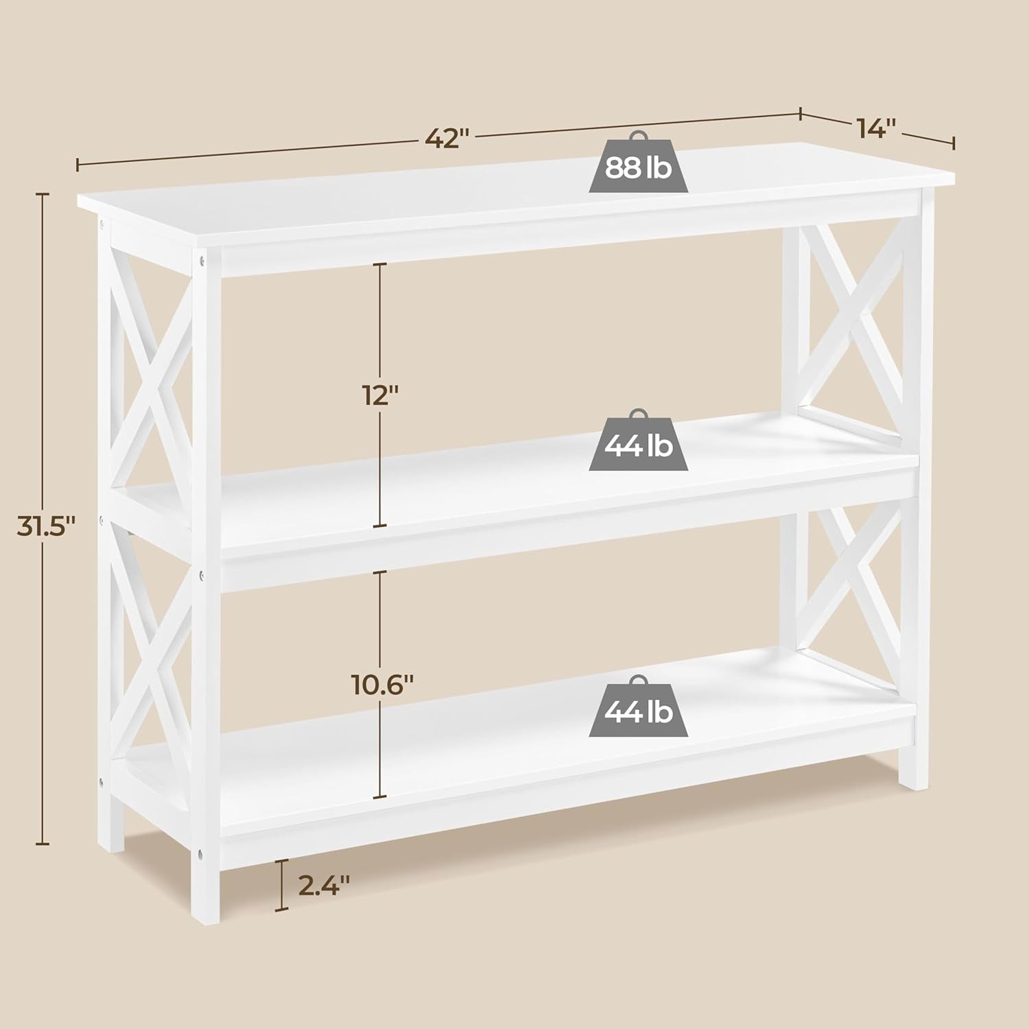 Console Table with 3 Storage Shelves, Entryway Table Sofa Side Table Narrow Long Bookshelf for Hallway Living Room, Accent Furniture, White | Bookshelf, for Hallway, for Living Room, Accent Furniture
