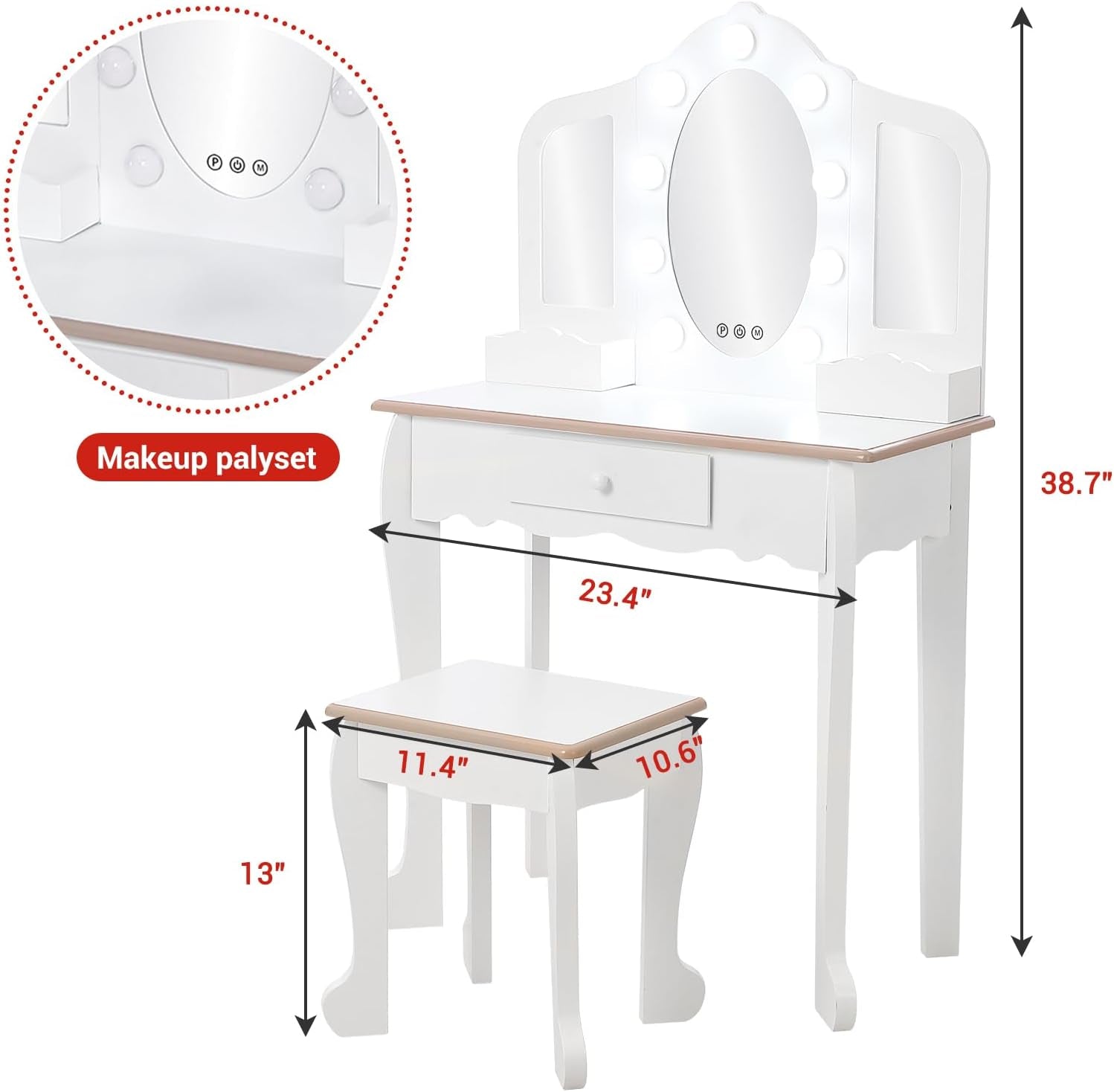 Kids Vanity Table and Chair Set with Light, Girls Vanity with Mirror, Drawer and Pretend Playset, Wooden Princess Makeup Desk Dressing Table, Toddler Vanity (Batteries Not Included)