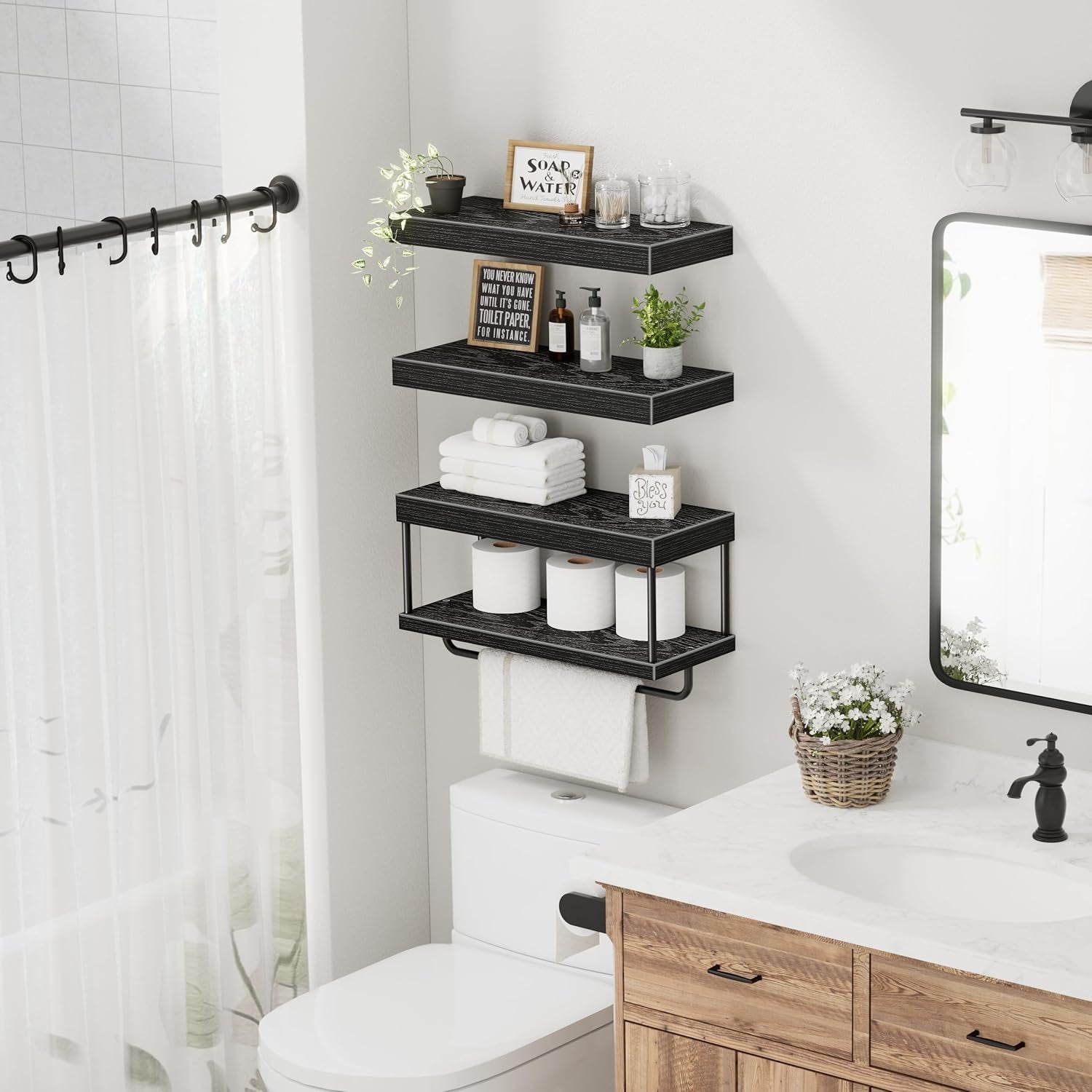 Bathroom Floating Shelves over Toilet - Wall Mounted Shelf Toilet Paper Storage Farmhouse 16 Inch Set of 3, Black (027-40B3)