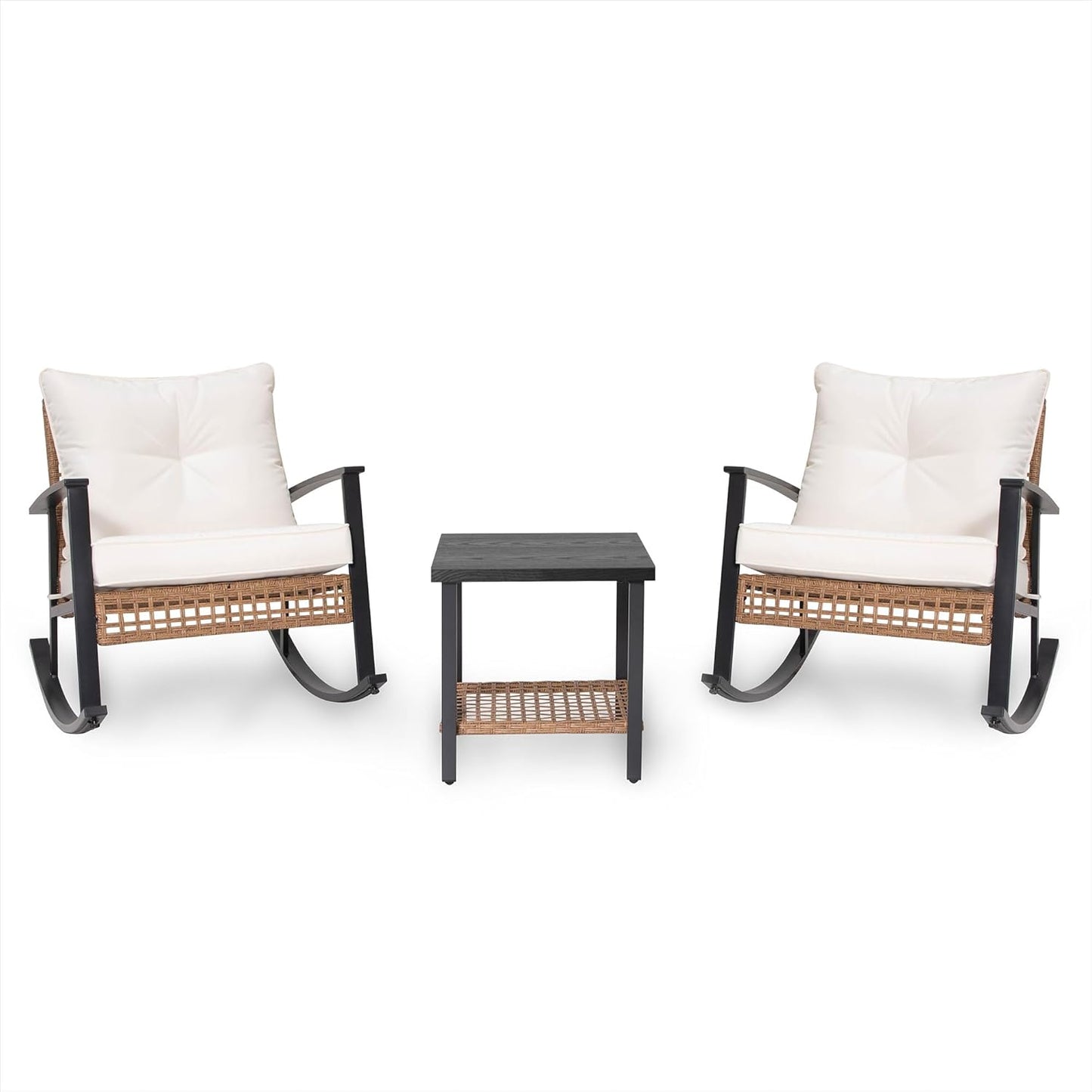 3-Piece Rocking Bistro Set, Outdoor Patio Furniture with Thick Cushions and 2-Tier Coffee Table, Oversize Rattan Conversation Set for Garden, Balcony, Backyard (Beige)
