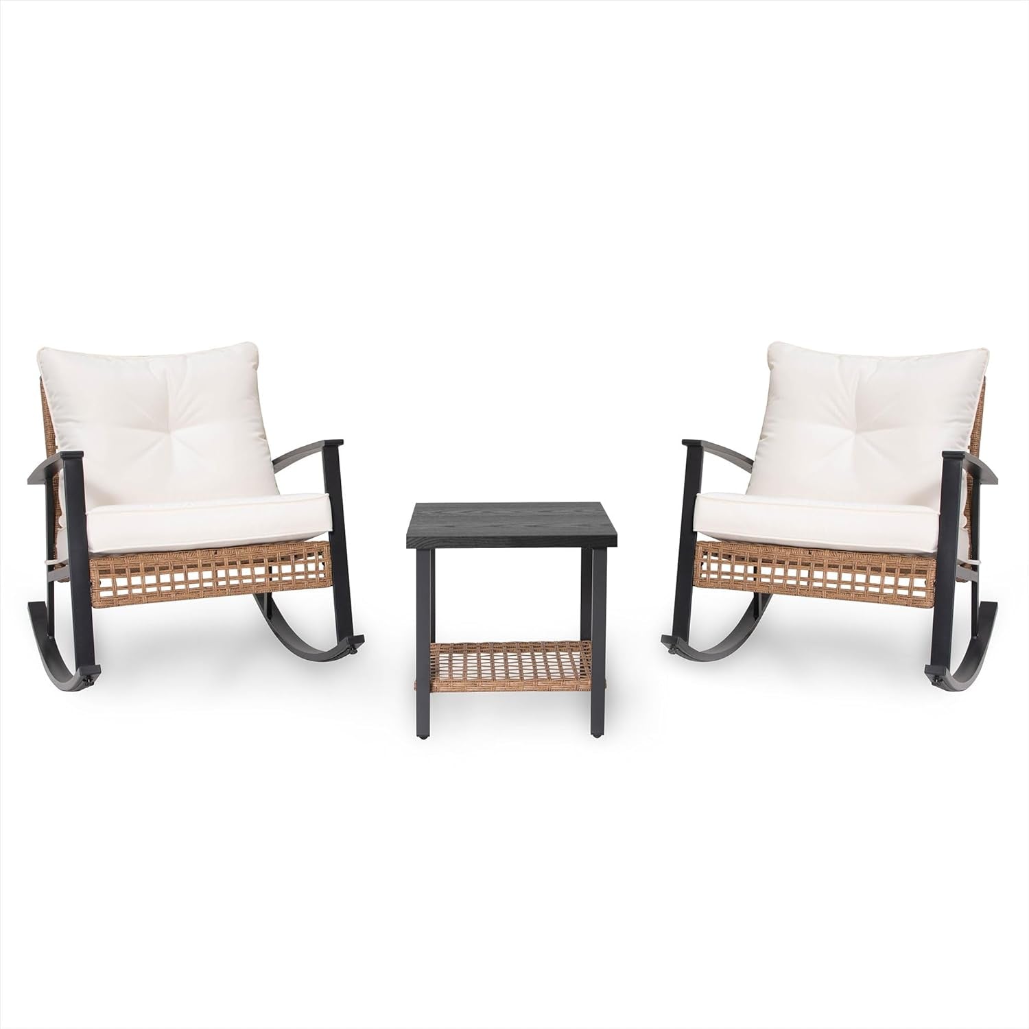 3-Piece Rocking Bistro Set, Outdoor Patio Furniture with Thick Cushions and 2-Tier Coffee Table, Oversize Rattan Conversation Set for Garden, Balcony, Backyard (Beige)