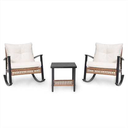 3-Piece Rocking Bistro Set, Outdoor Patio Furniture with Thick Cushions and 2-Tier Coffee Table, Oversize Rattan Conversation Set for Garden, Balcony, Backyard (Beige)
