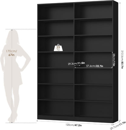 83.6" Tall Bookshelf and Bookcase, 7-Tier Extra Large Bookshelf with Double Storage, 14 Open Display Shelves for Home Office, Study and Living Room, Black