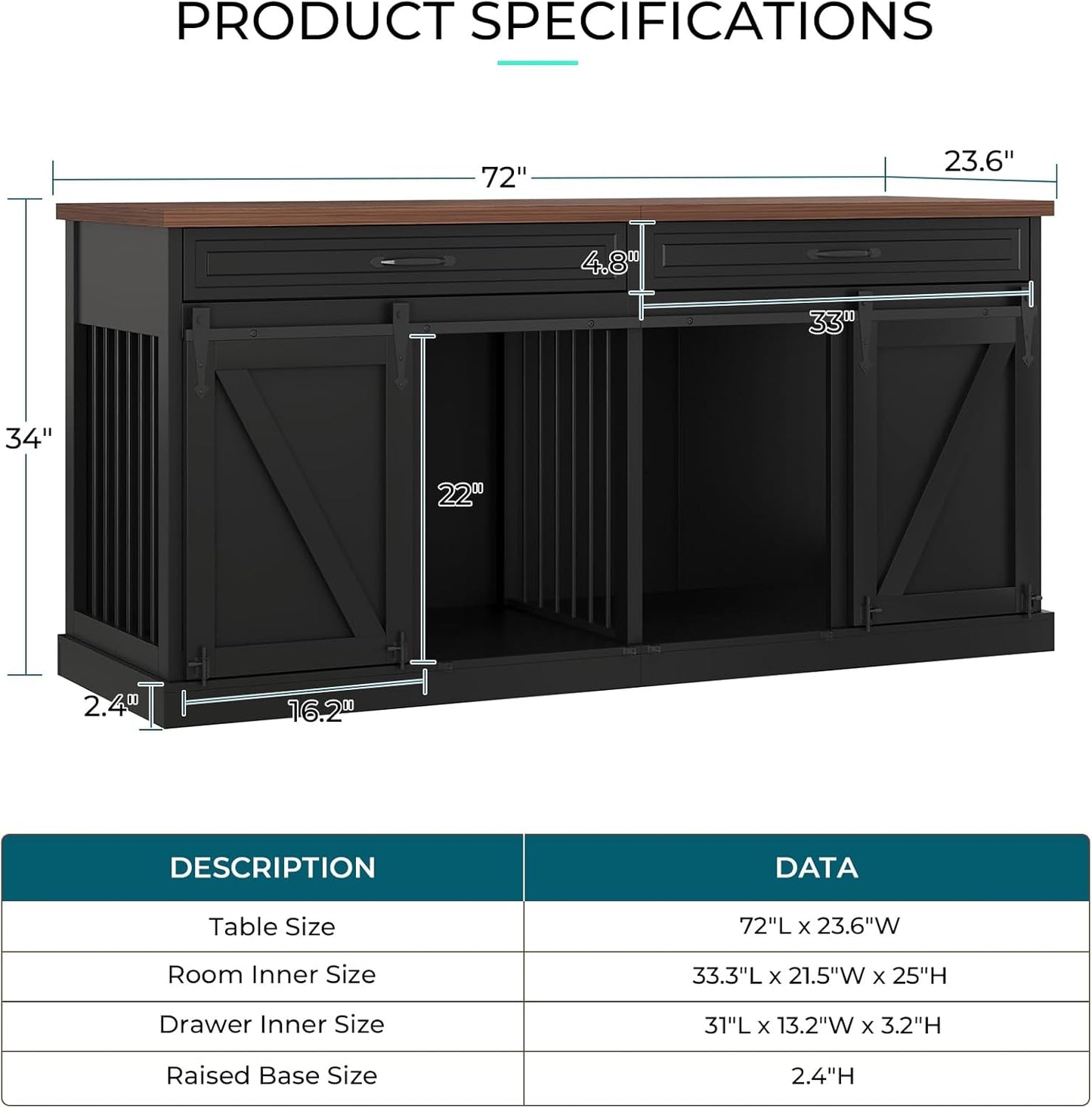 Dog Crate Furniture - Indoor Wooden Dog Kennel Furniture with Double Sliding Barn Doors, 2 Drawers & Room Divider - 72" L X 23.6" W X 34" H - Black