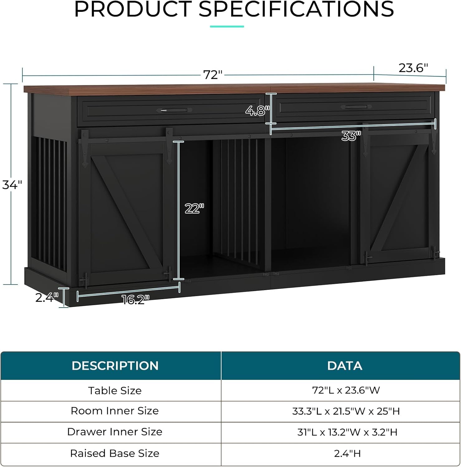 Dog Crate Furniture - Indoor Wooden Dog Kennel Furniture with Double Sliding Barn Doors, 2 Drawers & Room Divider - 72" L X 23.6" W X 34" H - Black