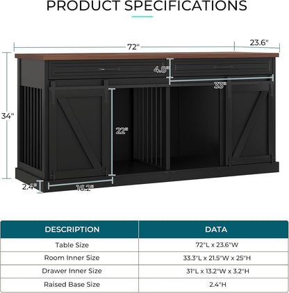 Dog Crate Furniture - Indoor Wooden Dog Kennel Furniture with Double Sliding Barn Doors, 2 Drawers & Room Divider - 72" L X 23.6" W X 34" H - Black