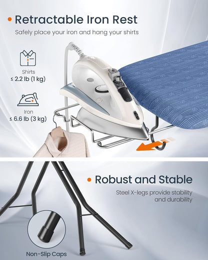 Ironing Board, Foldable Iron Board, Height Adjustable up to 35 Inches, with 4 Layered Cover and Pad, Iron Rest, Hook, Steel X-Legs, for Home, Laundry Room, Dorm, Midnight Blue ULLB001Q01