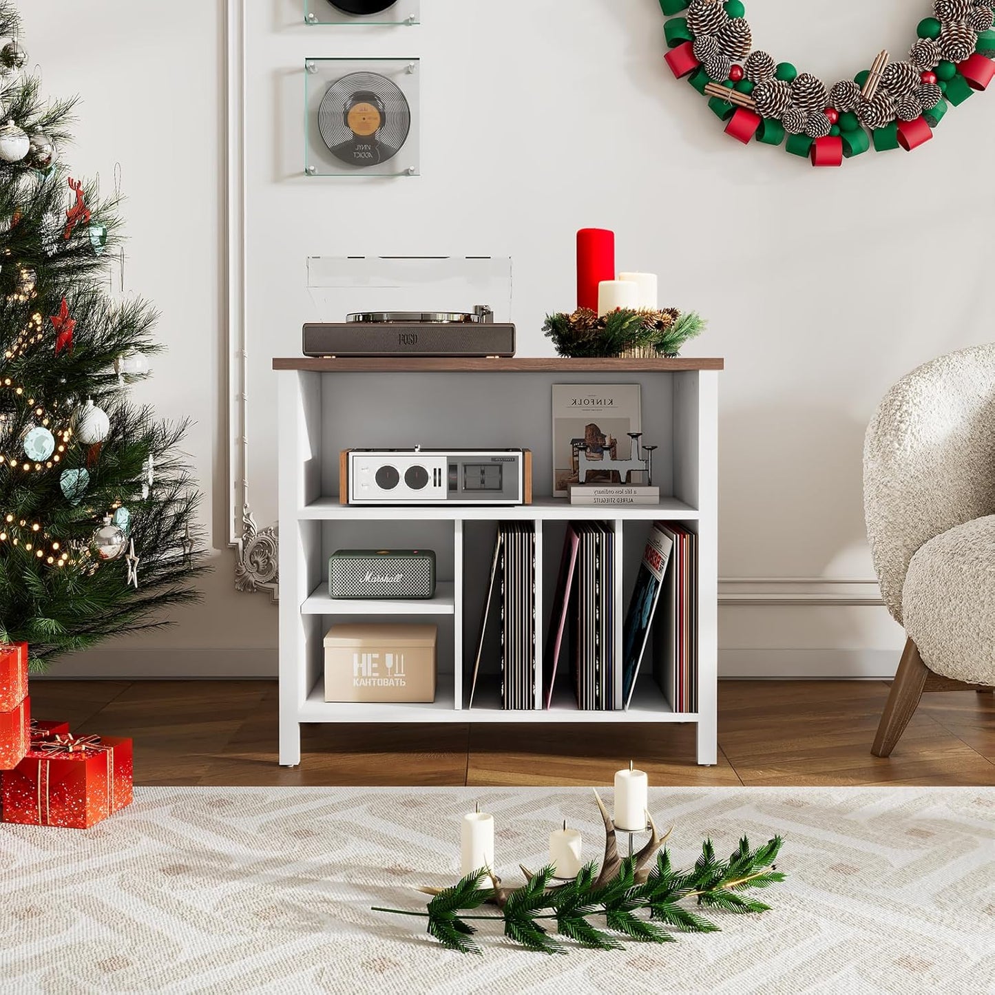Record Player Stand, Mid-Century Vinyl Record Storage Cabinet, 3-Tier Record Player Holder, Turntable Stand with 4 Cabinet up to 220 Albums, End Table for Bedroom Music Room Living Room, White