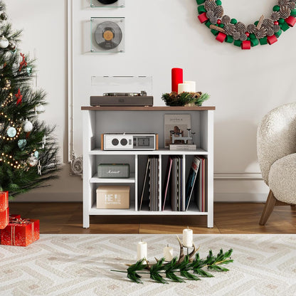 Record Player Stand, Mid-Century Vinyl Record Storage Cabinet, 3-Tier Record Player Holder, Turntable Stand with 4 Cabinet up to 220 Albums, End Table for Bedroom Music Room Living Room, White