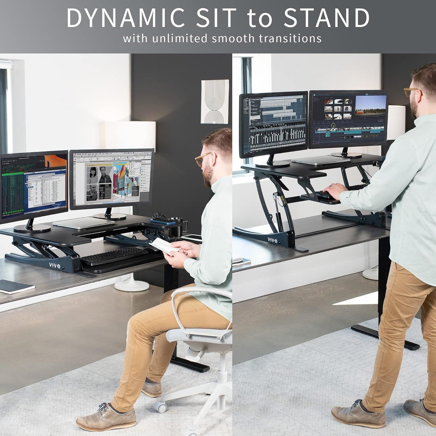 36 Inch Height Adjustable Stand up Desk Converter, V Series, Quick Sit to Stand Tabletop Dual Monitor Riser Workstation, Black, DESK-V000V