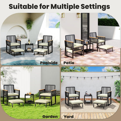 5-Piece Outdoor Conversation Set, Wicker Rattan Patio Furniture Set W/Rattan Armchairs, 2-Layer Side Table, Ottomans, Acacia Wood Armrests & Metal Frame for Backyard, Porch, Balcony