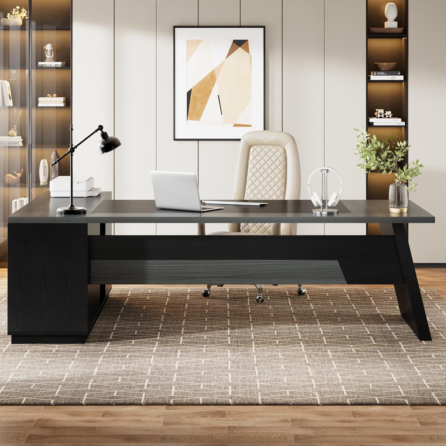 78" L-Shaped Executive Desk, Large Modern Office Desk with Drawers and Lateral File Cabinet, Business Furniture with Storage Shelves, Big Computer Desk for Home Office (Grey + Blcak)