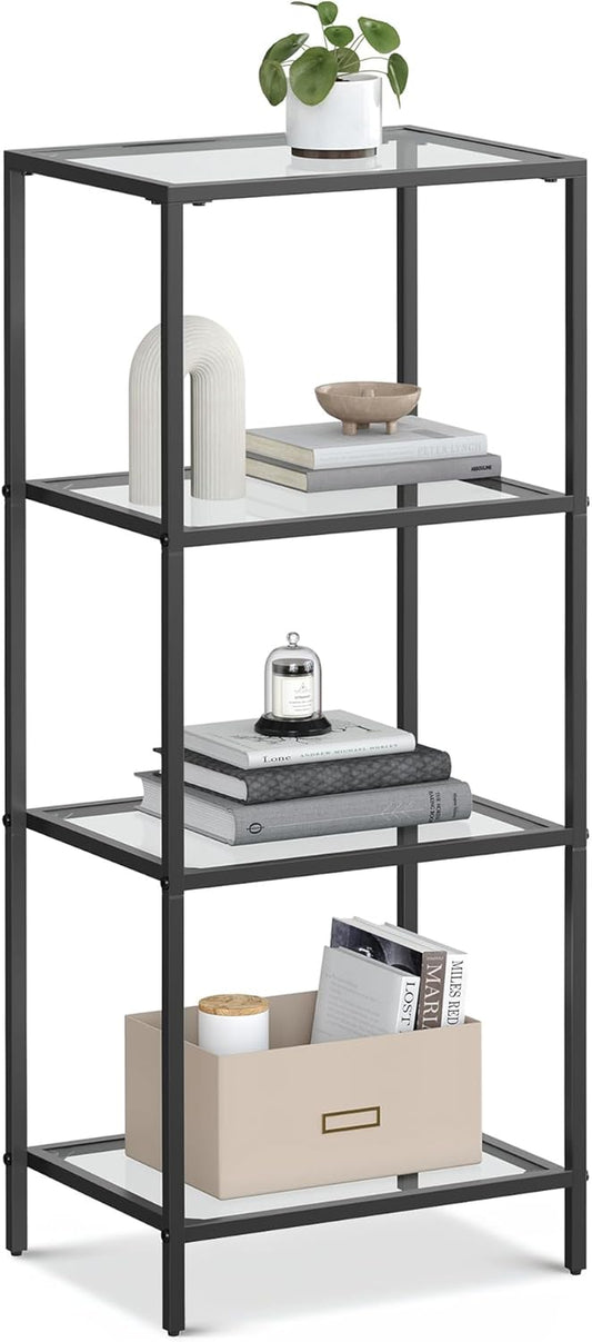 Bookcase, 4-Tier Bookshelf, Slim Shelving Unit for Bedroom, Bathroom, Home Office, Tempered Glass, Steel Frame, Ink Black ULGT028B61