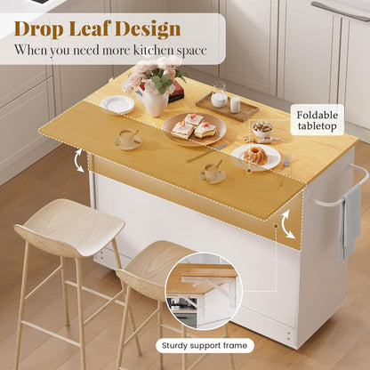 Kitchen Island on Wheels with Storage-Multifunctional Kitchen Island Cart with Drop Leaf, Rolling Island with Spice/Towel Rack,Expandable Island Table Kitchen,39.37" Width,White