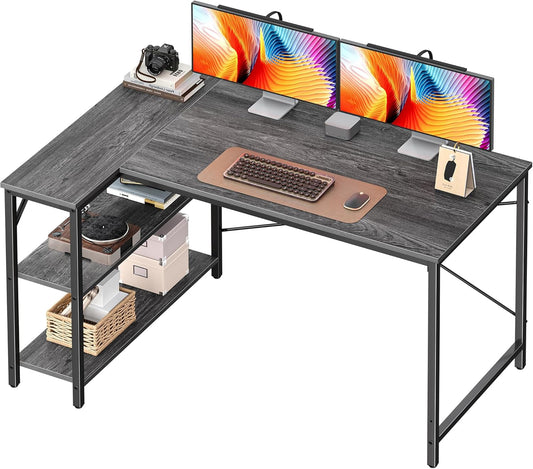 L Shaped Desk, 47 Inches Computer Desk with Reversible Storage Shelves, for Gaming Corner Home Office Writing Study, Metal Frame, Gray