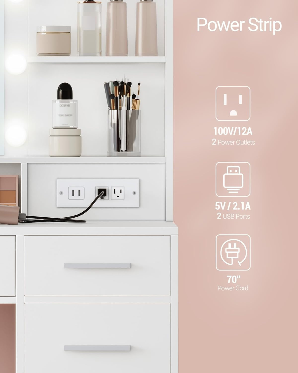 Vanity Desk with Large HD Mirror, Makeup Vanity with Led Lights, Dressing Table with Power Strip, 6 Storage Shelves, 5 Drawers and Side Open Storage, Simple, White WX426HDT