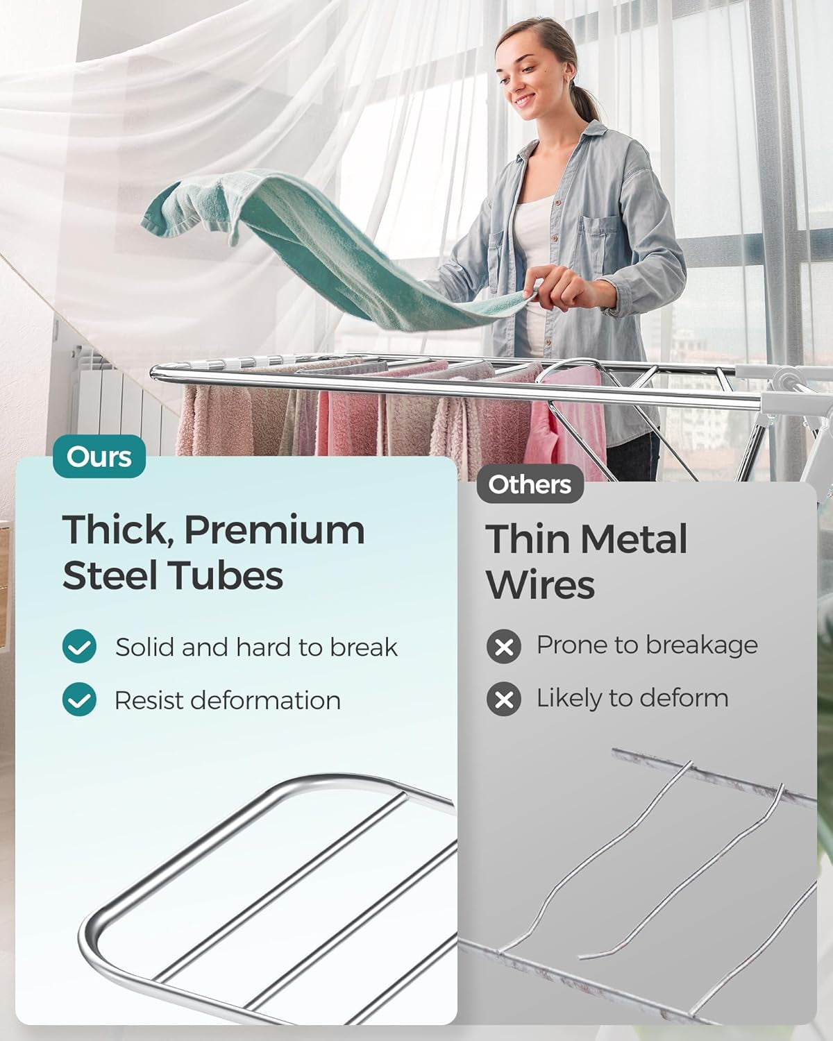 Clothes Drying Rack, Foldable 2-Level Laundry Drying Rack, Free-Standing Laundry Airer, with Height-Adjustable Wings, 33 Drying Rails, Sock Clips, Silver and White ULLR053W01V1