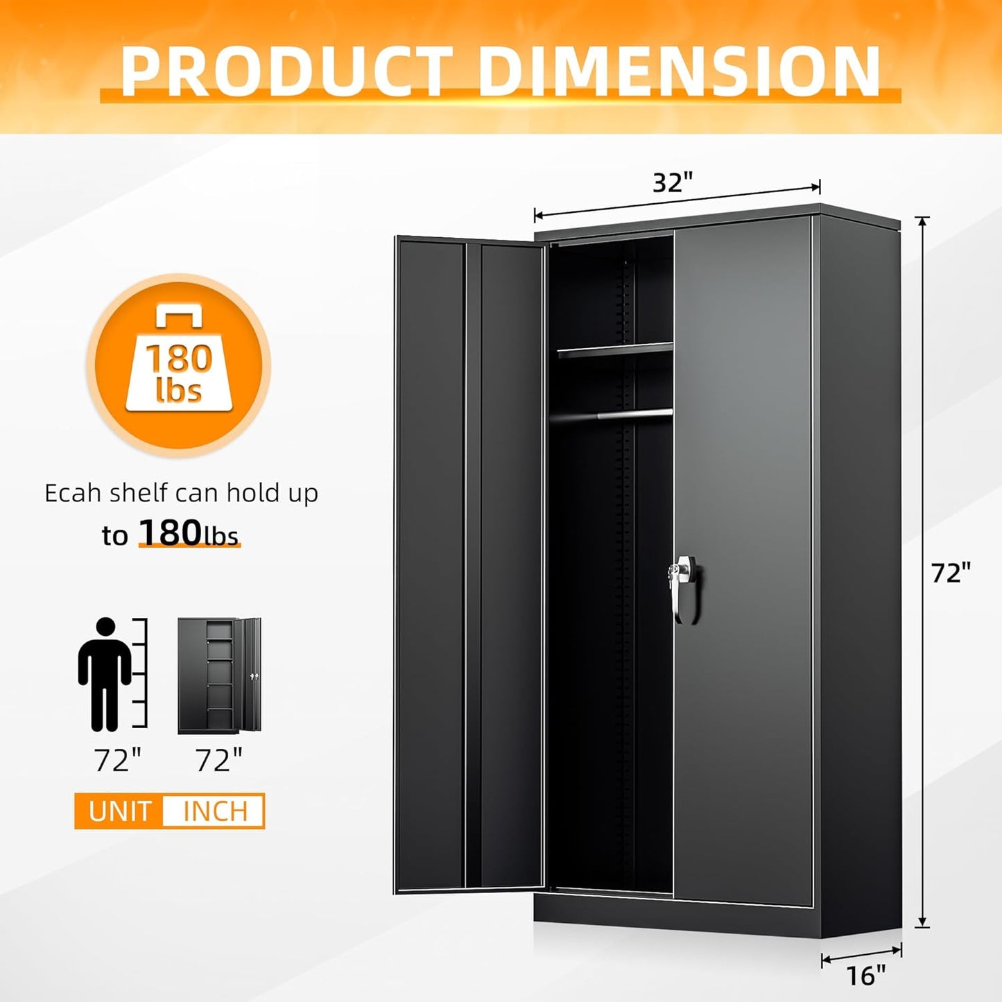 Metal Wardrobe Cabinets with Lock, 72" Clothing Storage Cabinets with Hanging Rod and 4 Adjustable Shelves, Armoire Wardrobe for Office, School, Employee, Government (Black)