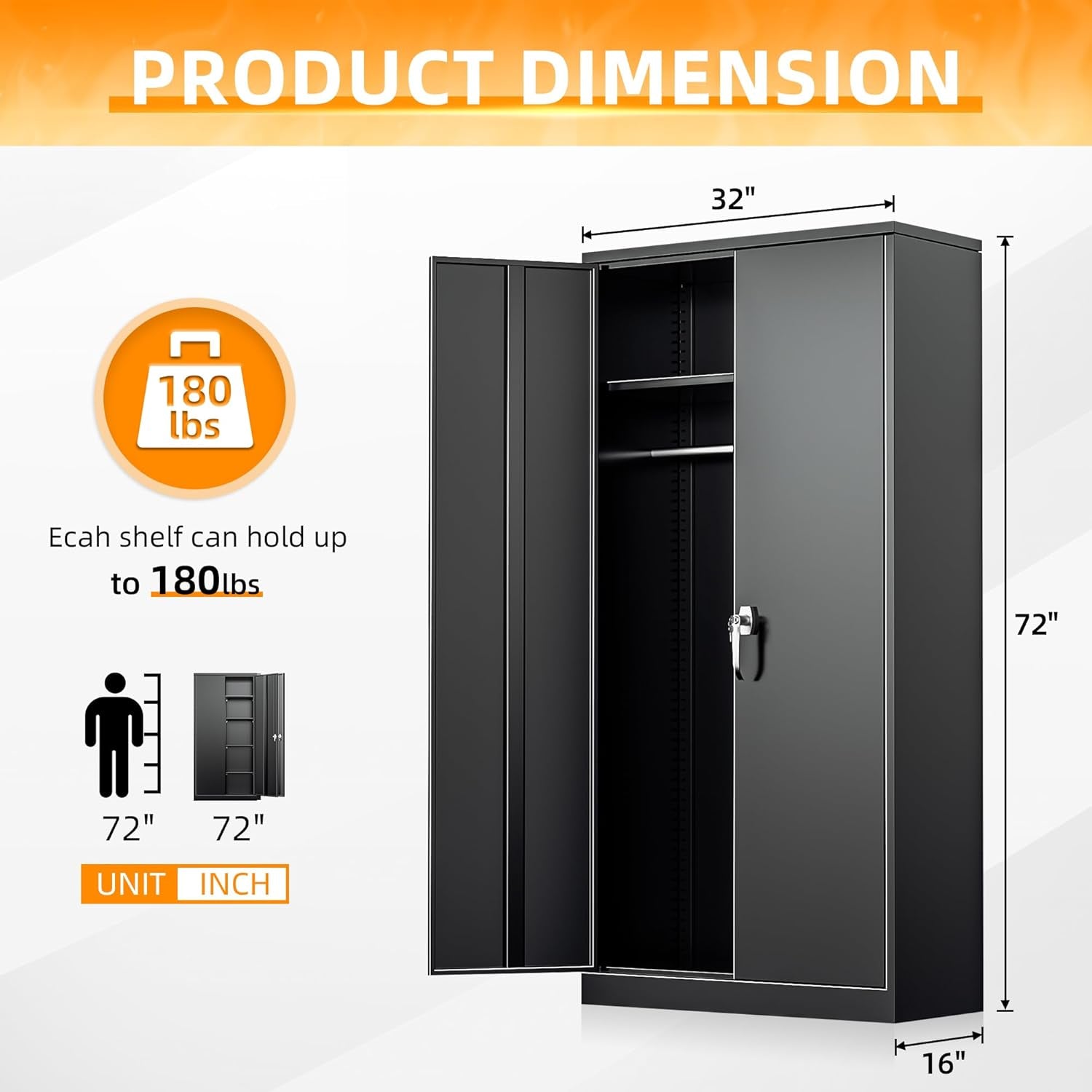 Metal Wardrobe Cabinets with Lock, 72" Clothing Storage Cabinets with Hanging Rod and 4 Adjustable Shelves, Armoire Wardrobe for Office, School, Employee, Government (Black)