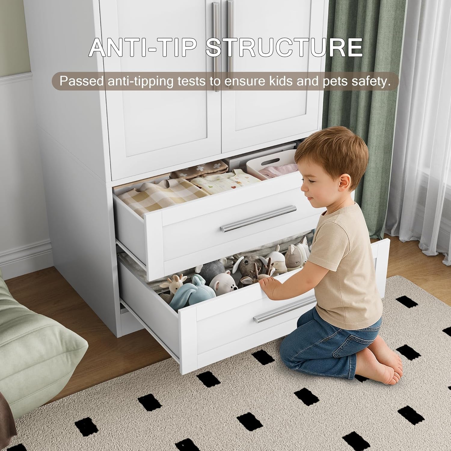 Wooden Armoire Wardrobe Closet with 2 Doors and 2 Drawers,Bedroom Freestanding Armoire Storage Cabinet with Shelves,Tall Clothing Storage Cabinet for Bedroom,White