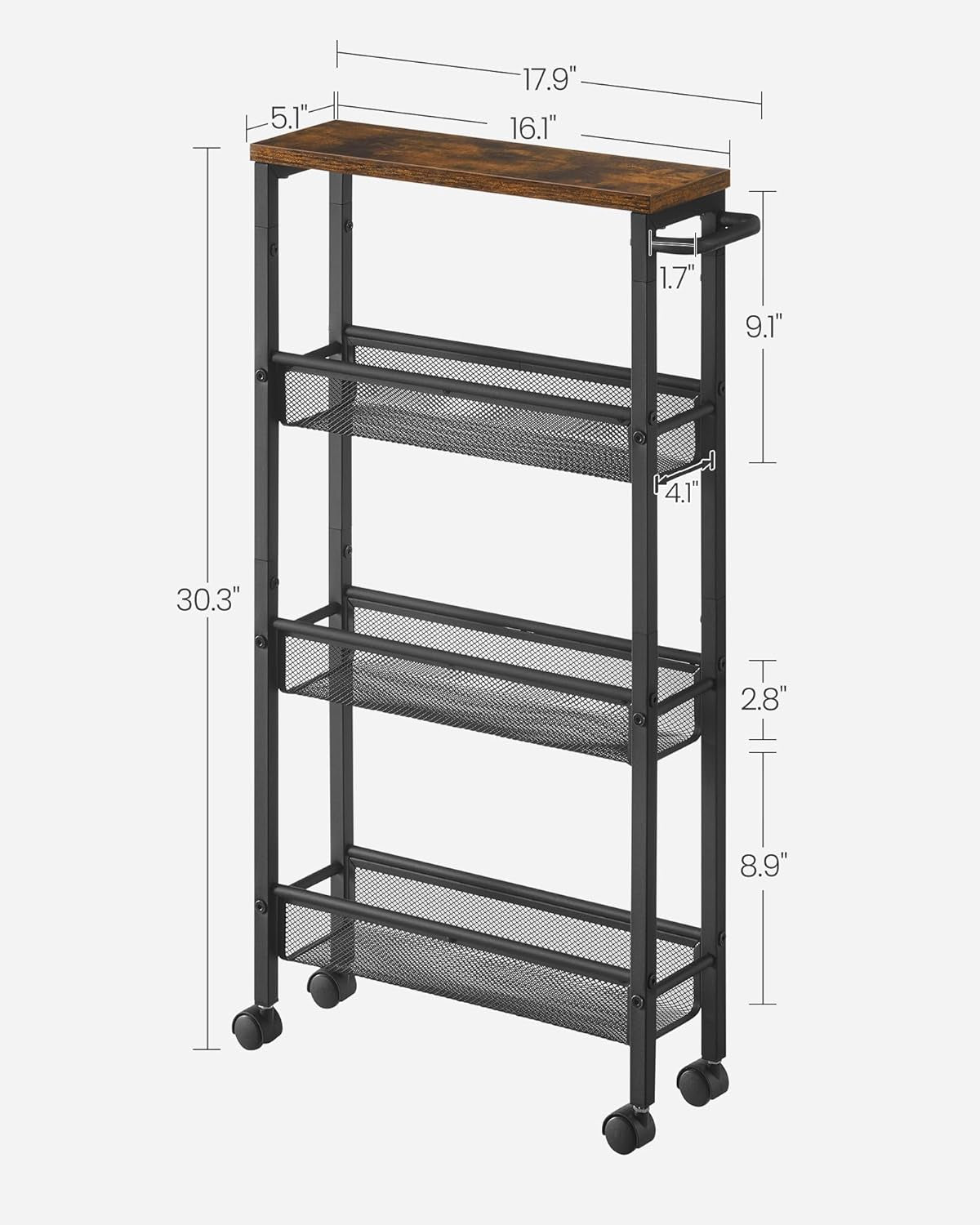 Slim Rolling Cart, 5-Tier Storage Cart, Narrow Carts with Handle, 5.1 Inches Deep, Metal Frame, for Kitchen, Dining Room, Living Room, Home Office, Rustic Brown and Classic Black ULRC034B01