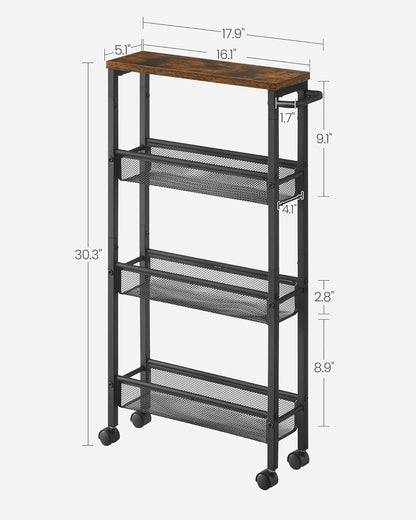 Slim Rolling Cart, 4-Tier Narrow Storage Cart with Handle, 5.1 Inches Deep, Metal Frame, for Kitchen, Dining Room, Living Room, Home Office, Rustic Brown and Classic Black ULRC032B01V1
