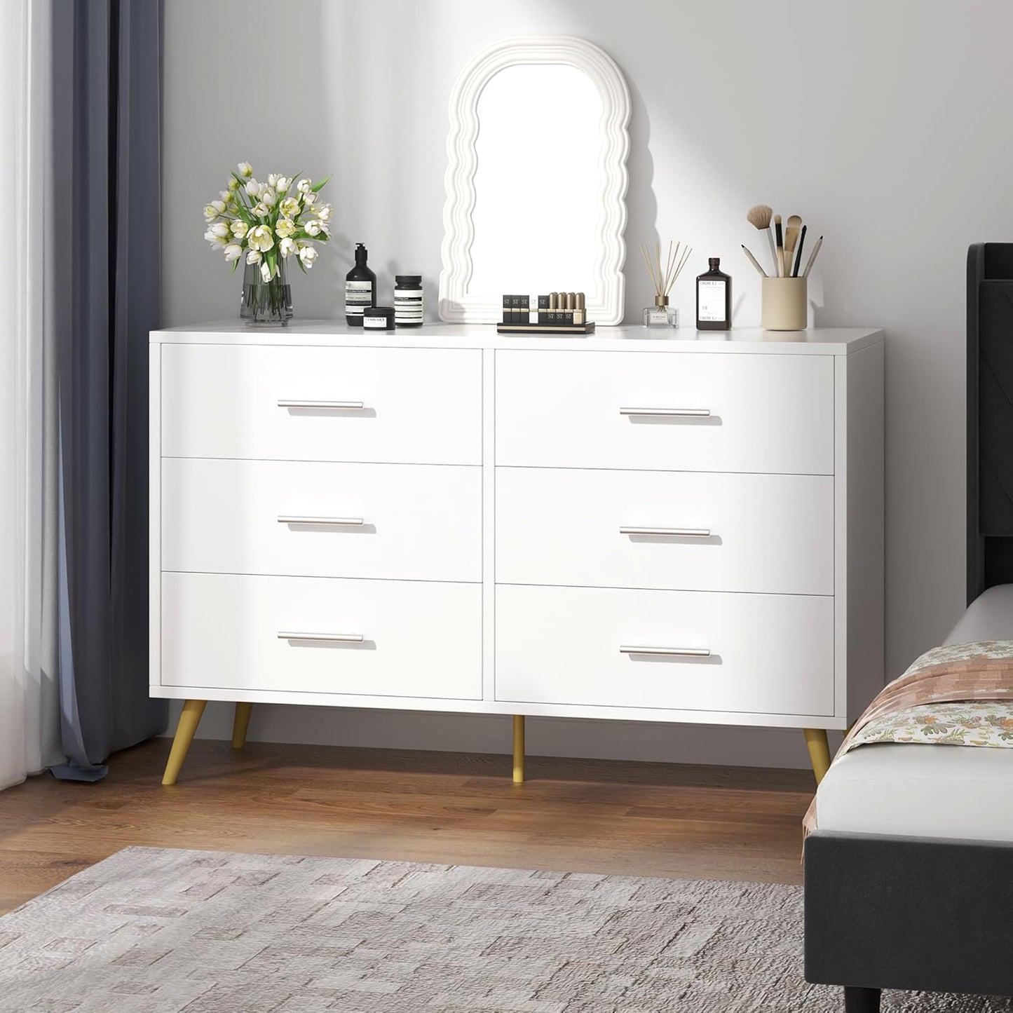 6 Drawer Dresser, Wide Chest of Drawers Organizer Storage with Drawers, Large Storage Cabinet, Modern Design Dresser for Bedroom, Living Room, Porch, White